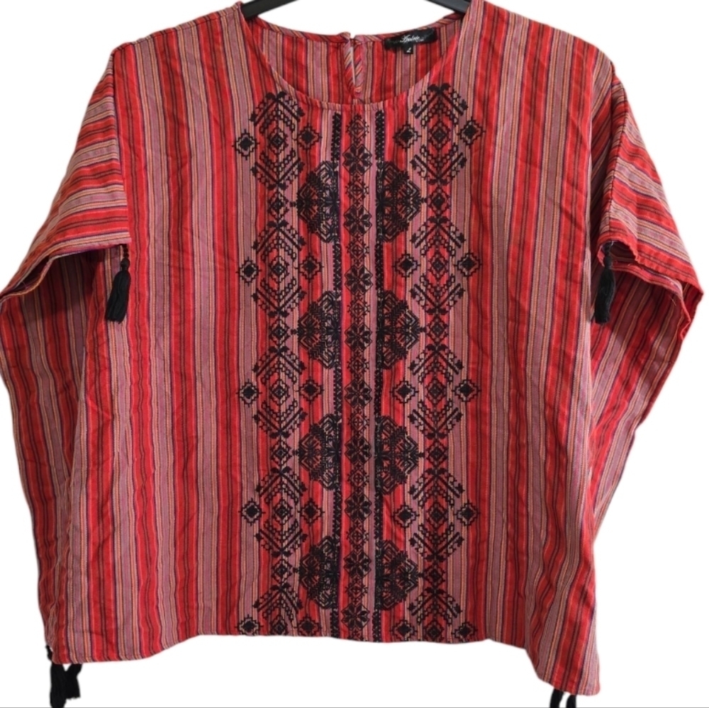 Andree By Unit Serape Stripe Embroidered Tassel Poncho Top Large Red Multi